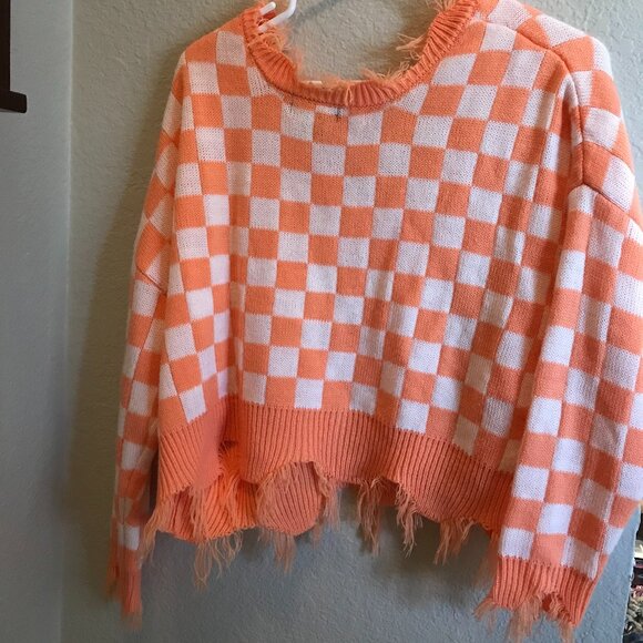 JUST POLLY Womans Checkered white and orange sweater V NECK SIZE M - Picture 4 of 5